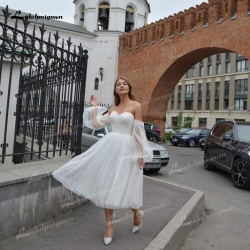 Playful Tulle A-Line Wedding Dresses Off The Shoulder Sweetheart Neck Lace Up Illusion Puff Sleeve Mid-Calf Corset Bride Gowns