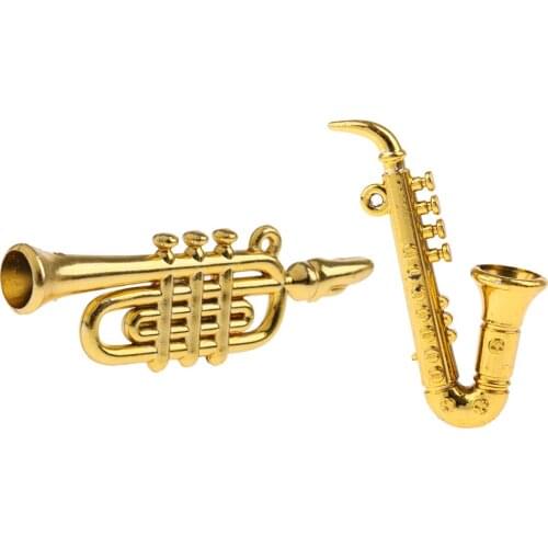 2pcs Musical Instrument Models 1/12scale Dollhouse Miniatures Curved Pipe & Saxophone Model