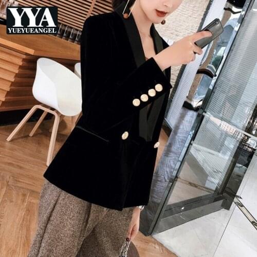 Korean Style Black Golden Velvet Fashion Suit Womens New Short Slim Shawl Collar Pockets Single Button Casual Suit Jacket