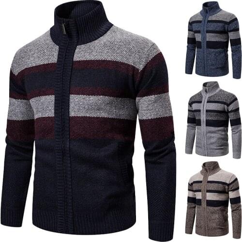 2021 fashion stitching sweater mens autumn/winter fleece thick knitwear cardigan leisure zipper slim long sleeve jacket