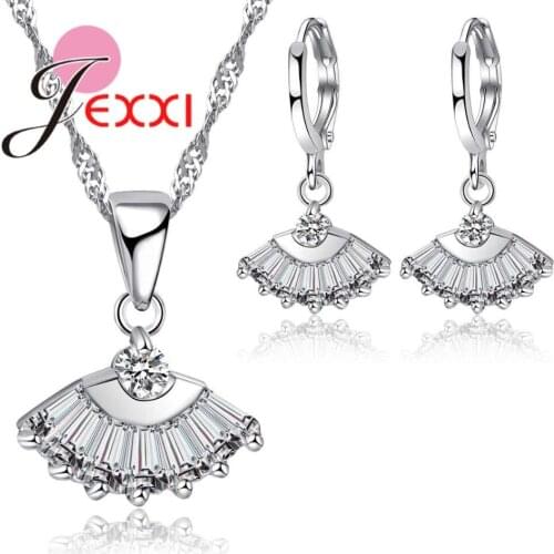 New Stylish Unique Sector Crystal 925 Sterling Silver Jewelry for Women Wedding Bridal Pendant Necklace Earrings Sets