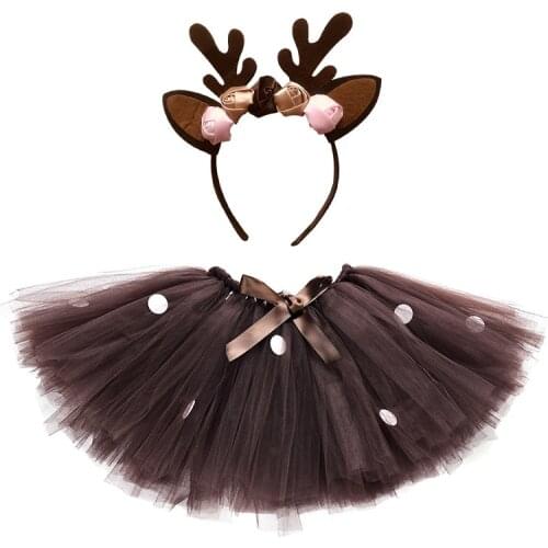 New Brown Deer Girl Tutu Skirt With Headband Fluffy Birthday Party Baby Girl Tutu Dance Tulle Skirt Christmas Deer Costume 0-14y