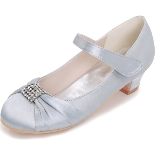 Elegant girls satin low square heel flower girl wedding dress shoes concise heels rounded toe prom queen quinceanera rhinestones