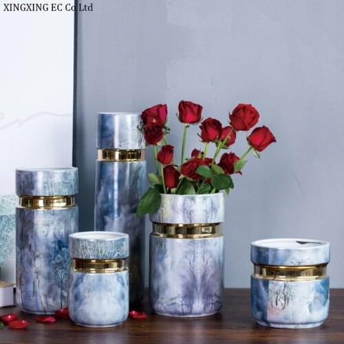 Gradient Blue Dream Forest Vase Round Golden Marble Ceramic Vase Decoration Modern Living Room Flower Arrangement Accessories