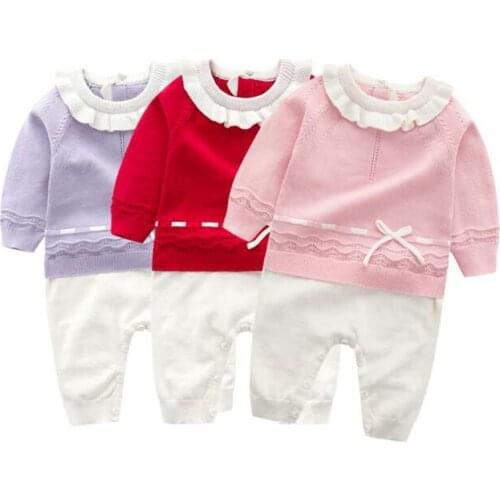 Spring Infant Sweet Baby Girls Rompers Autumn Long Sleeve Pure Color Rompers Newborn Cute Baby Girls Knit Rompers Clothes