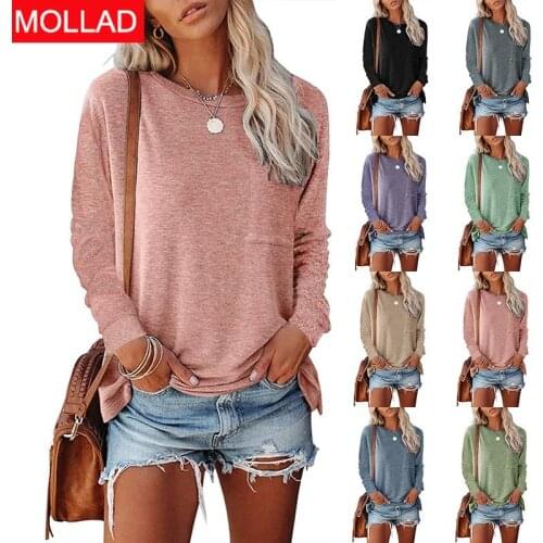 European and American Womens Clothing 2021 Autumn and Winter round Neck Pocket Split Long Sleeve Casual Loose Top T-shirt