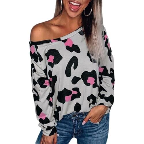Women Casual Leopard Shirts, Oblique Shoulder Long Sleeve Color Block Tunics Printed Tops