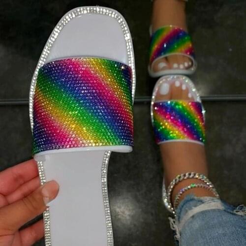 Womens Slippers 2021 New Rhinestone Color Ladies Sldies Large Size Bling Crystal Female Flip Flops Holiday Beach Shoes Woman
