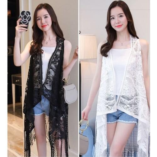 Sexy Lace Kimino Cardigan Women Vest Casual Hollow Out Perspective Plus Size Irregular Long Beach Elegant Korean Tassel Tops