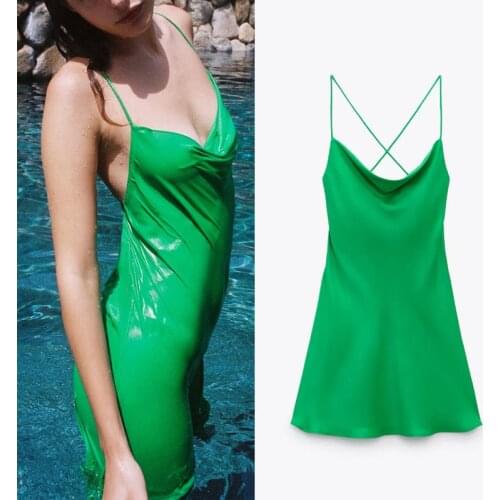 Za 2021 Green Satin Woman Mini Dress Sexy Draped Neck Cross Spaghetti Straps Dress Summer Rose Red Party Backless Dresses Female