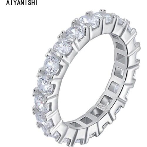 AIYANISHI 925 Sterling Silver Wedding 3mm Round Full Eternity Band Ring For Women Row Drill Rings Girl Party Lover Ring Jewelry
