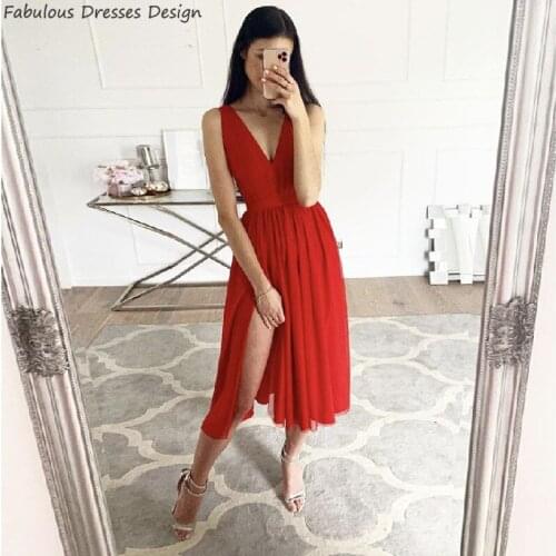 2020 Red Tea Length Prom Dresses V Neck Split A Line Long Evening Dress Party For Women Chiffon Exquisite Vestido De Fiesta