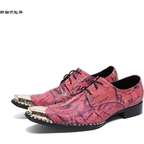 Luxury Formal Men Dress Shoes Genuine Leather Flat Wedding Shoes Mens Red Brogue Business crystal Party Gentleman Metal Shoes