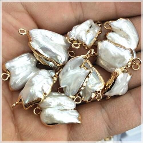 4 pieces nature biwa pearl cultured freshwater pearl connectors with golden color size 10-15mm white pearl good quality