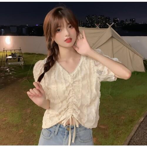 Blouse V-neck Drawstring White Short-sleeved Top Women Summer New Irregular Korean Loose Slim Top