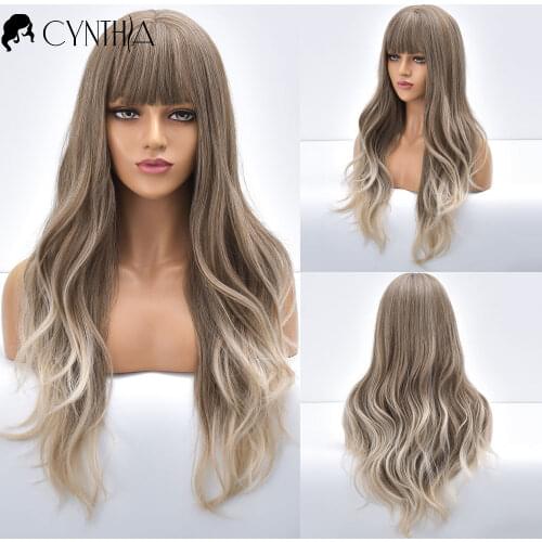 Long Blonde Daily Ombre Wavy Synthetic Wig With Bangs Loose Heat Resistant Fake Hair For Black White Women Cosplay Wigs