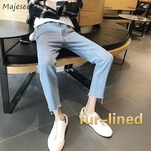 Men Jeans Fur-lined Ankle-length Leisure Chic Solid Simple All-match Mens Denim Trousers Straight Teens Harajuku Big Size Loose