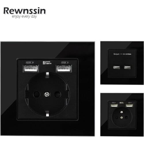 EU/French Power Socket With Dual USB Charging Ports Mobile Phone Charging Socket Black Crystal Glass Panel Charging Dedicated