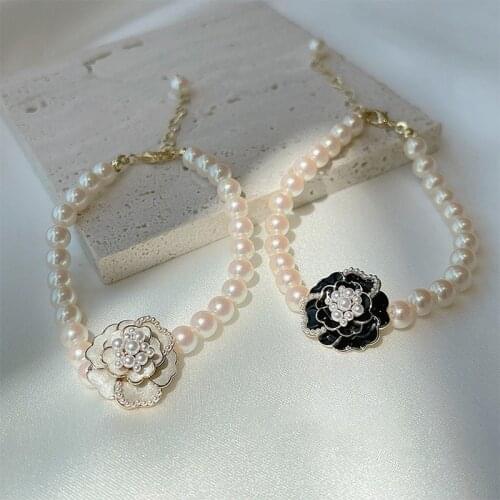 French Style Elegant Pearls Camellia Bracelet Choker Necklace for Women 2021 New Trendy Clavicle Necklace Fashion Jewelry Set