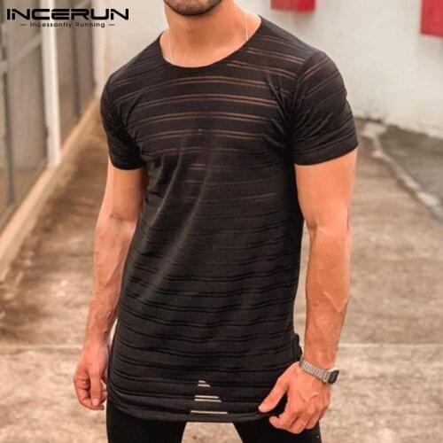 Men Mesh T Shirt Striped 2021 See Through Crew Neck Short Sleeve Casual Tee Tops Summer Streetwear Sexy Men Clothing 5XL INCERUN
