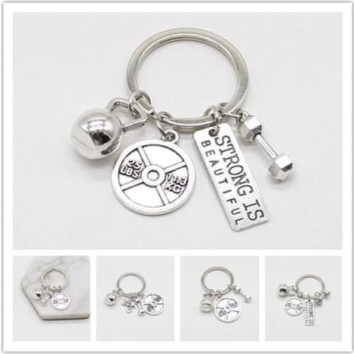 Glamour fashion personality gym strength sports series barbell dumbbell men and women couple key chain jewelry wholesale