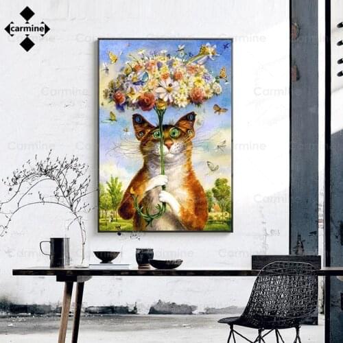 Cat with Umbrella Canvas Picture Flower Wall Art Poster and Print Modern Animal Cute Print Painting for Home Interior Decoration