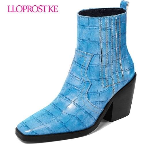 Lloprost ke Black Crocodile Print Cowboy Booties Soft Leather Square Toe Ankle Boots Block High Heels Slip on Mid Heel Boots