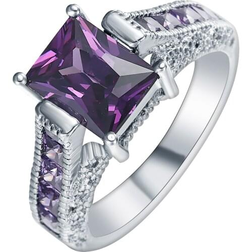 Trendy Purple Crystal Fashion Silver Color CZ Zircon Wedding Ring Jewelry for Women Party Gift Square Romantic Band Jewellery