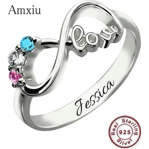 Amxiu Custom 925 Silver Wedding Rings Engrave Name Ring with Birthstone Personalized Rings For Women Jewelry Bowknot Zircon Ring