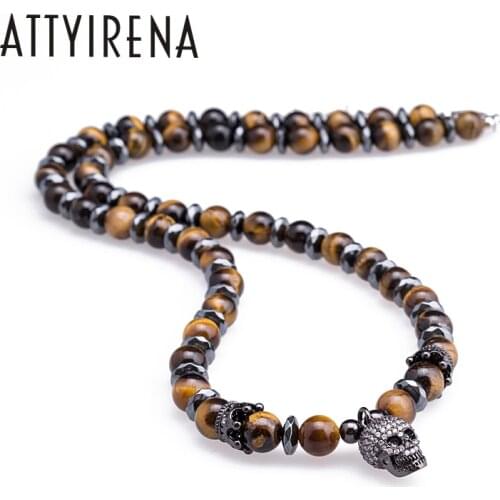Natural Tigereye Stone Skull Necklaces&Pendants For Mens Beaded Hematite Necklace Men Necklace Punk Hip Hop Personality Jewelry