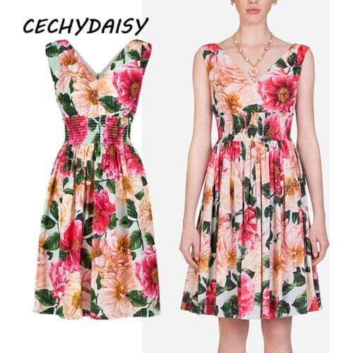 Summer Strap Dress Women Sexy V-Neck Sleeveless Camellia Flowers Printed Elasticity Waist Vacation Beach Boho Mini Dresses Femme