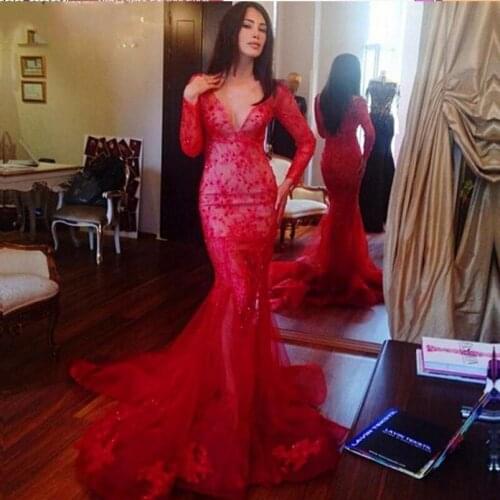 Sexy V-Neck Mermaid Prom Gown Sweep Train Burgundy Appliques Beaded Long Sleeves Floor Length Wedding Party Dress Custom Made