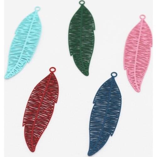20pcs/lot New Cute Filigree Feather Charm Material Green Pink Blue Pendant Charm 42*11.5mm Jewelry Making Charms