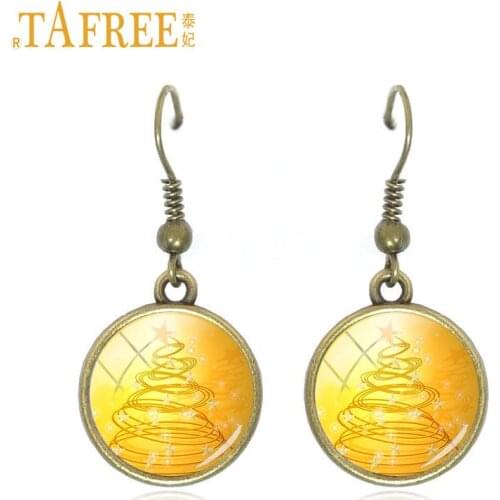 TAFREE golden Christmas Tree pendant dangle earrings women party jewelry vintage drop earrings kids new year gifts J138