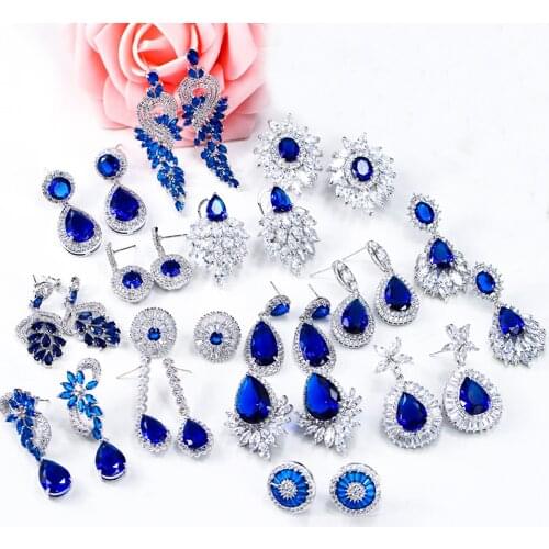 ThreeGraces Noble Big Cubic Zirconia Dark Blue Crystal Earring for Women Statement Round Flower Dangle Teardrop Earrings ER011