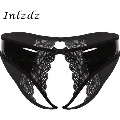 Womens Lingerie Open Crotch Sex Panties Wet Look Patent Leather Crotchless with Lace Edge Cheeky Hipster Hot Briefs Underwear