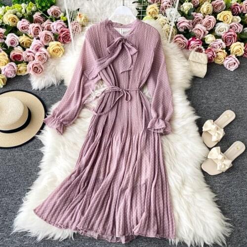 Autumn Pleated Printed Dot Dresses Woemn Bowknot Neck Dress Urban Ladies Swing Dress Female