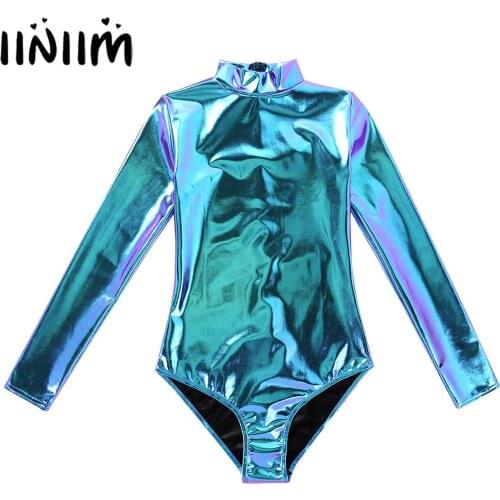 Womens Sexy Teddies Costumes Clubwear Shiny Metallic Turtleneck Long Sleeves Pole Holographic Bodysuit for Fashion Performance