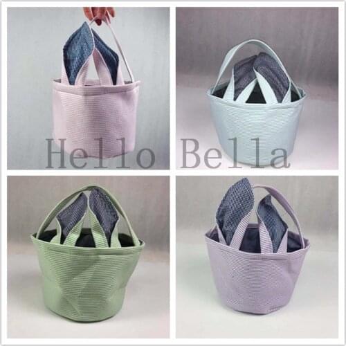 50pcs Wholesale Personalized Easter Basket Gingham Seersucker Bucket Monogram Bunny Bag for Easter Egg Hunt Candy Buckets