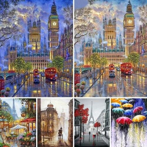 Cartoon City Street Diy 5D Diamond Painting Scenery Diamond Embroidery Cross Stitch Kits Rhinestones Mosaic Landscape Home Decor
