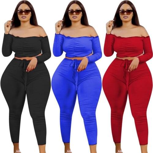 Zoctuo Trouser Sets Two 2 Piece Outfits Sexy Pant And Slash Neck Long Sleeve T Shirt Top Suit For Girl Solid Plus Size Women Set