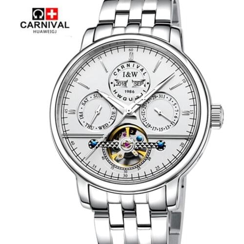Carnival tourbillon Men Top Brand Automatic Mechanical Watches Luxury genuine leather Waterproof Watch full steel montre homme