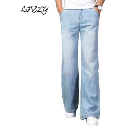 2019 Spring and Summer Mens New Micro-horn jeans Mens Stretch Slim Light blue Denim Horn Big pants More Size 26-35