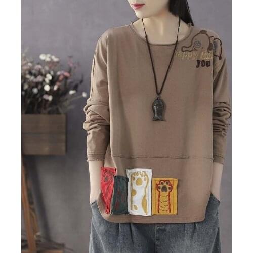 Cotton Embroidered Patch Long-sleeved T-shirt Womens Spring and Autumn New Large Size Loose Hedging Cover Belly Bottoming Top