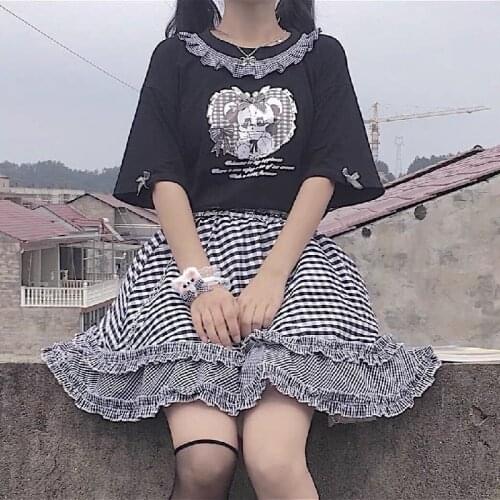 Sweet girl stitching plaid lace skirt summer new style Japanese preppy style cute casual y2k Harajuku high waist tutu skirt