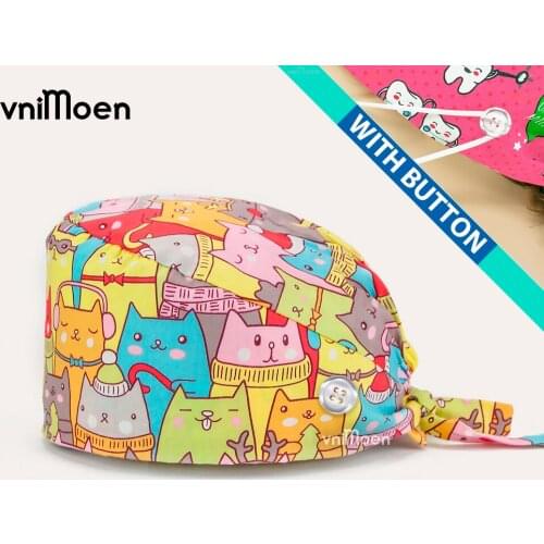 Medical uniforms Hot Adjustable women Unisex Print Button Cotton Scrub Hat Beauty Salon Caps Nurse Hat Elastic Nurse Accessories