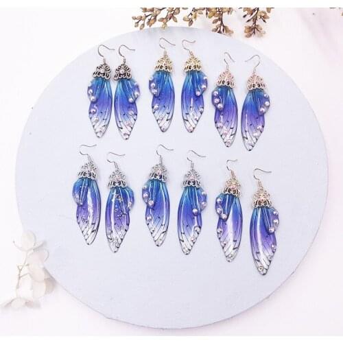 Fantasy Neon Color Rhinestone Cicada Wings Earrings Trendy New Butterfly Gradient Pink Blue Sequins Long Drop Earrings