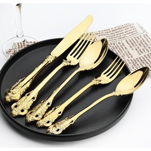 30Pcs Vintage Golden Dinnerware Set 18/10 Stainless Steel Dinner Knife Fork Cutlery Set Dessert Spoons Tableware Drop Shipping