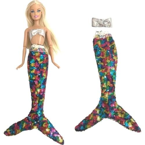 NK 1 Set Doll Mermaid Tail Evening Dress Party Dress Silver White Bra Sequin Mermaid Skirt For Barbie Accessories Doll Girl Gift