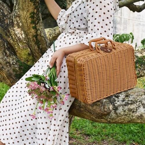 Picnic Basket Woven Wicker Vintage Suitcase Woven Storage Basket Rattan Storage Case Picnic Weave Laundry Basket
